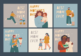 Text Happy Mother's Day. Daughter and son congratulates mom and gives her flowers. Big set of postcards for Mother's Day. Vector illustration for design.