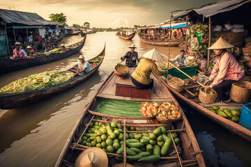 The colorful floating markets and intricate canals of the Mekong Delta, Vietnam, with traditional boats and bustling street markets - Generative AI