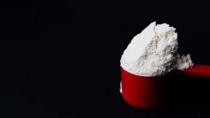 Whey protein powder in a red measuring spoon on a black background