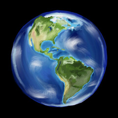 Painting of Earth in the style of Oil Paint showing North America and South America with Black Background
