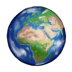 Painting of Earth in the style of Oil Paint showing Africa, Europe and Asia with White Background