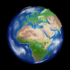 Painting of Earth in the style of Oil Paint showing Africa, Europe and Asia with Black Background