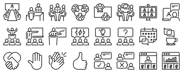 Line icons about meeting on transparent background with editable stroke. - obrazy, fototapety, plakaty