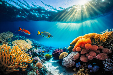 The vibrant coral reefs and tropical fish of the Great Barrier Reef, Australia, with the sun filtering through the water - Generative AI