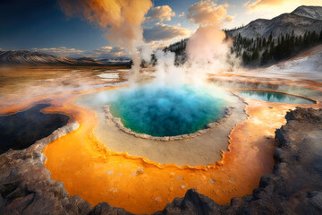 The geothermal hot springs of Yellowstone National Park, USA, with steam rising from the pools against a backdrop of rugged mountains - Generative AI - obrazy, fototapety, plakaty