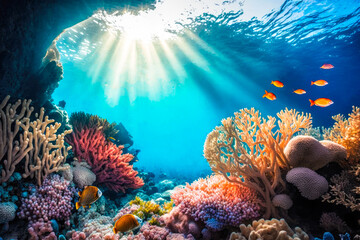 The vibrant coral reefs and tropical fish of the Great Barrier Reef, Australia, with the sun filtering through the water - Generative AI - obrazy, fototapety, plakaty
