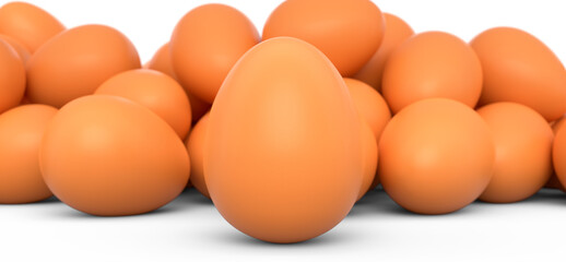 Group of farm raw organic brown chicken eggs in a crowd on white background