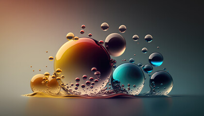 Abstract background of drops with liquid effect of colored bubbles. Post-processed generative AI