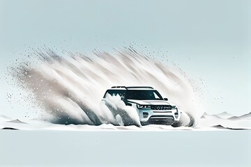 illustration of Electric SUV driving on the snow road, generative ai content by Midjourney