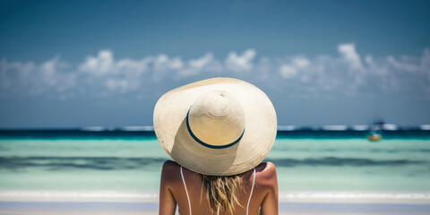 A beautiful woman wearing a large sunhat relaxing on a beach looking at the ocean. Generative ai