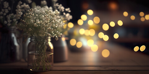 Small white flowers on wooden table with bokeh background, image generated with AI