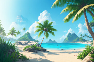 Obraz na płótnie Canvas Tropical landscape. Tropical island in sunny weather. Palm trees, ocean, sandy beach. Generative AI.