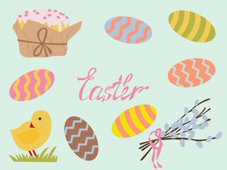 Easter banner, poster, greeting card. Trendy Easter design with hand written lettering, chicken, pie, eggs, yew branches, in pastel colors. Modern minimalist flat style