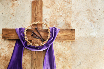 Lent season, Holy week and Good friday concept. Cross With three Nails And Crown Of Thorn on stone background - 581592886