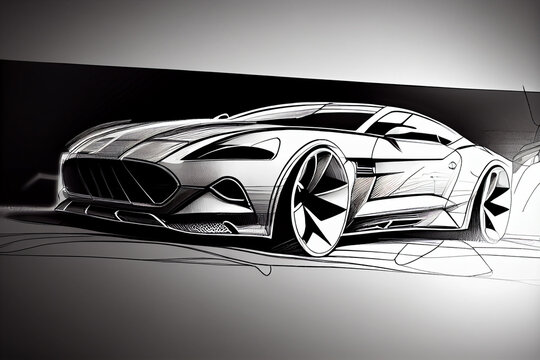 Modern car design sketch cinematic. Hand drawn modern sports car silhouette. Side view of supercar. Can be used as a part of an emblem, label, icon, logo.