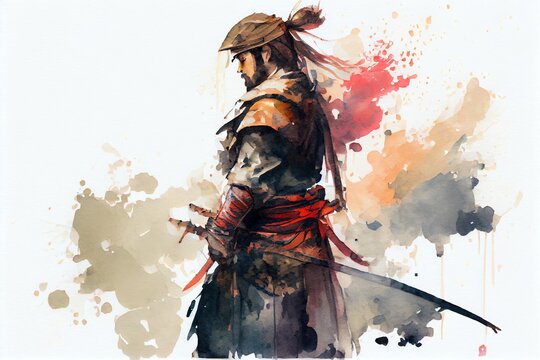 Watercolor Illustration of a Samurai Warrior With Katana. Generative AI