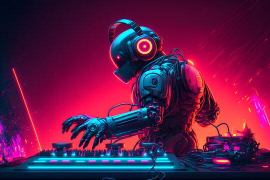 Robot disc jockey at the dj mixer and turntable plays nightclub during party. EDM entertainment party concept. Neural network AI generated art