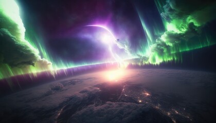 Spectacular Space View of purple and green aurora borealis and Urbanization on Earth, AI 