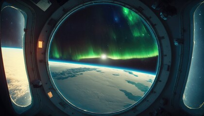 City Lights and Northern Lights from Spacecraft, green lights and blue planets, AI 
