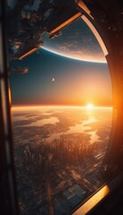 satellite orbiting earth, view on city from the space, sunset light, sci-fi and cinematic composition, wallpaper art, AI 