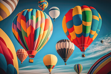 Fototapeta premium A group of hot air balloons in the sky, with vibrant colors against a clear blue sky, illustration - Generative AI