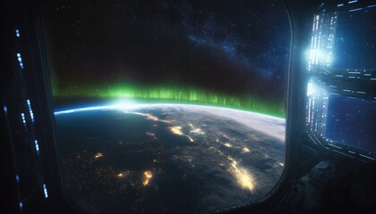 Earth and its Glowing Urbanization, as Seen from futurist spacecraft and aurora Borealis, concept art banner , AI 