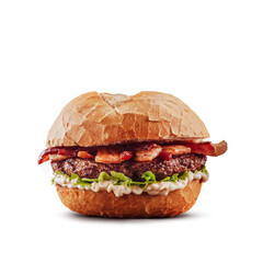 Burger bacon with crispy bun - Isolated.