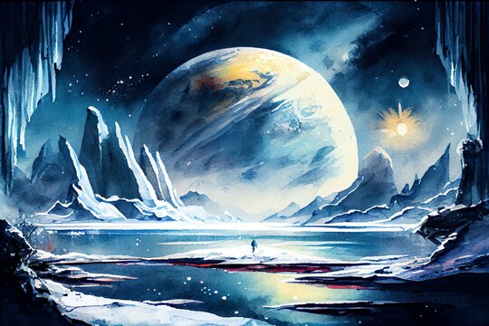 Illustration of an Extraterrestrial Landscape, Alien Planet In Deep Space In Winter. Generative AI