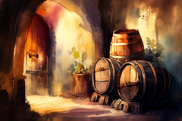 Watercolor Illustration of a Wine Barrels In An Old Wine Cellar. Generative AI