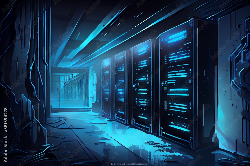 Poster watercolor illustration of a dark servers data center room with computers and storage systems and bl