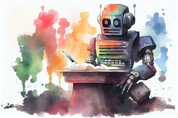 Watercolor Illustration of a Ai Writer Text Apps Are Becoming More Popular. Robots Are Not Automated In Writing Content, Disrupting The Ghostwriting Industry. Image. Generative AI - obrazy, fototapety, plakaty