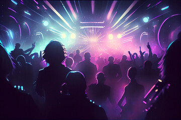 Fototapeta na wymiar Young happy people are dancing in club. Nightlife and disco concept. Crowd of young people dancing in night club. silhouettes of concert crowd in front of bright stage lights