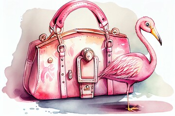 Watercolor Illustration of a Illustration Of A Pink Purse Bag With Flamingo Handle, Animals In Fashion, Funny Combination. Generative AI