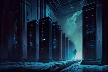 Watercolor Illustration of a Dark Servers Data Center Room With Computers And Storage Systems And Blue Glowing Elements. Imagery. Generative AI