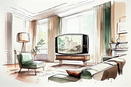 Watercolor Illustration of a Big Tv In A Living Room. Elegant Living Room With Big Tv Screen. Generative AI