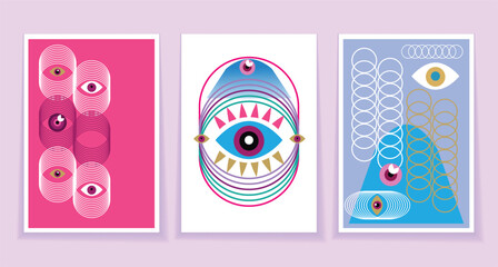 Abstract eye set 3 cards esoteric eye different shapes, Magic, witchcraft, occult symbol, colorful line art. fabric, paper, textile. Vector Modern mythic graphic background illustration