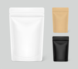 Stand up pouch bag mockups with zipper mockup. Vector illustration. Front view. Can be use for template your design, presentation, promo, ad. EPS10.