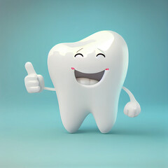 3D realistic happy white tooth , Tooth cartoon characters with thumbs up on bright background , Cleaning and whitening teeth concept. Generate Ai