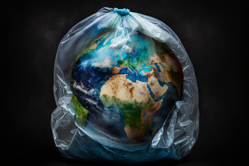 Planet Earth in a plastic bag. Environmental concept. Generate Ai