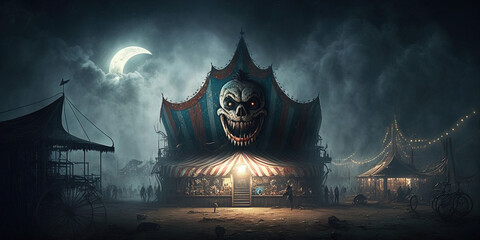Haunted carnival, twisted clowns, abandoned rides, eerie and unsettling style. --ar 2:1 Generative AI