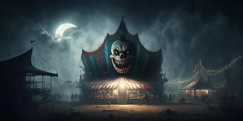 Deurstickers Haunted carnival, twisted clowns, abandoned rides, eerie and unsettling style. --ar 2:1 Generative AI © Nadge