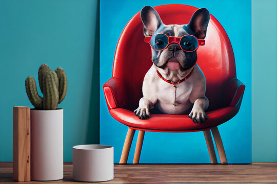 French bulldog dog in round sunglasses sits on a red chair on a blue background. Generate Ai