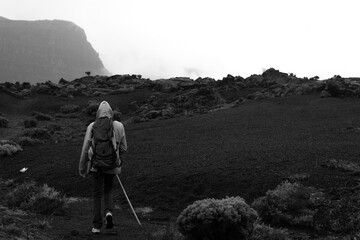 Hiking volcano landscape alone black and white