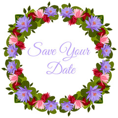 Greeting card with bright flowers. Can be used as invitation card for wedding, birthday and other holidays and summer background. Vector illustration with water lilies.