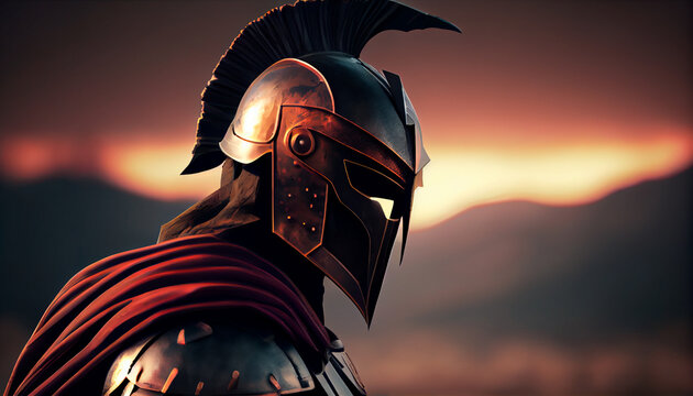 Spartan soldier illustration with helmet and battlefield in background. Generative AI