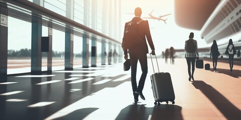 Business travel, businessman silhouette walking in the airport, generative ai