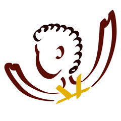 curly child with dark skin rejoices raising his hands up, contour on a white background