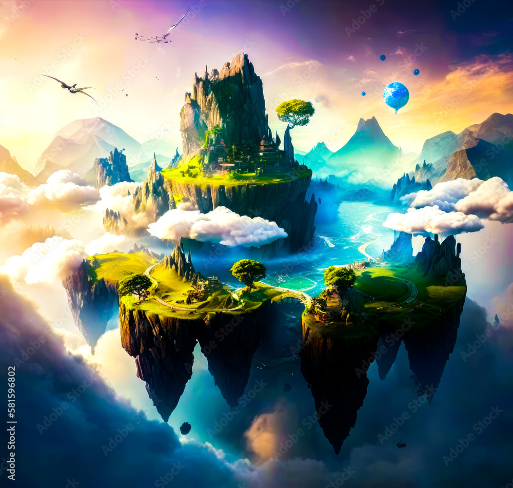 Poster an island in the sky with clouds and birds. generative ai.