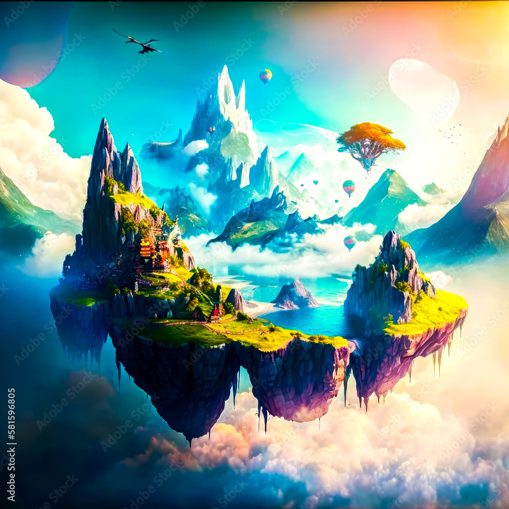 Poster an island in the sky with clouds and mountains. generative ai.