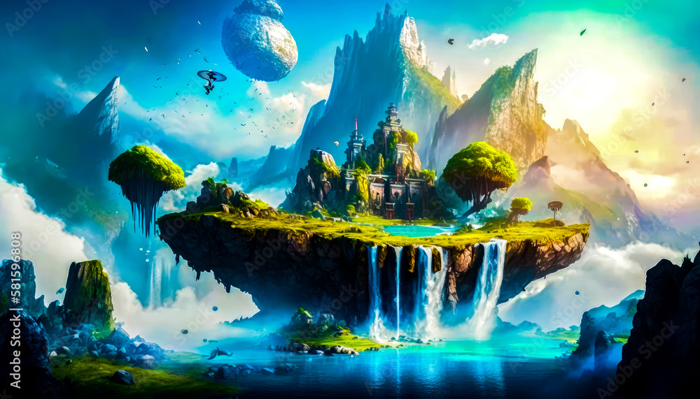 Poster an island with castle in the middle of the water. generative ai.